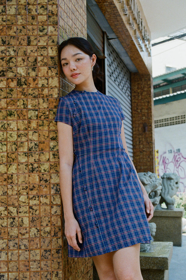 Cherish Mini Dress in navy tartan - Dear Samfu